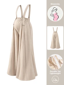 SHEIN Maternity Jumpsuit Casual Elegant Comfortable Wide Strap Front Button Side Zipper A-Line Wide Leg Beige Jacquard Textured Fabric Long Party Summer - Apricot - View 6