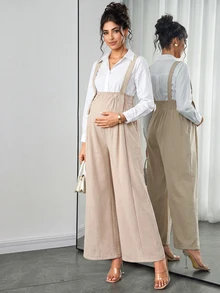 SHEIN Maternity Jumpsuit Casual Elegant Comfortable Wide Strap Front Button Side Zipper A-Line Wide Leg Beige Jacquard Textured Fabric Long Party Summer - Apricot - View 4