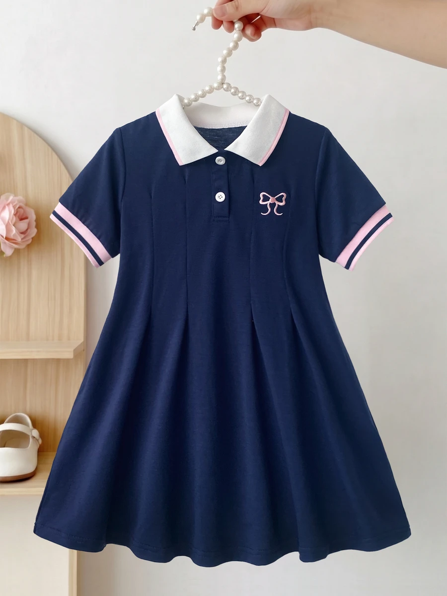 SHEIN Young Girls Navy Blue Dress Bow Embroidery Minimalist Princess Fairy Pleated A-Line Back-To-School Uniform 7th Birthday 3rd Birthday Summer - Navy Blue - View 1