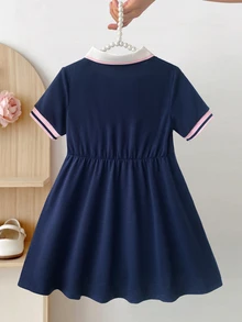 SHEIN Young Girls Navy Blue Dress Bow Embroidery Minimalist Princess Fairy Pleated A-Line Back-To-School Uniform 7th Birthday 3rd Birthday Summer - Navy Blue - View 2