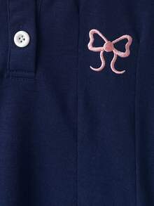 SHEIN Young Girls Navy Blue Dress Bow Embroidery Minimalist Princess Fairy Pleated A-Line Back-To-School Uniform 7th Birthday 3rd Birthday Summer - Navy Blue - View 7