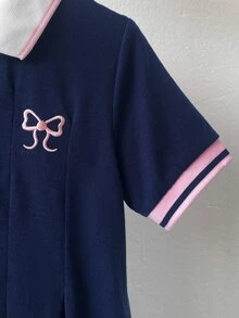 SHEIN Young Girls Navy Blue Dress Bow Embroidery Minimalist Princess Fairy Pleated A-Line Back-To-School Uniform 7th Birthday 3rd Birthday Summer - Navy Blue - View 3