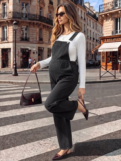 SHEIN أوفرول جينز فضفاض كاجوال بلون موحد للحوامل
