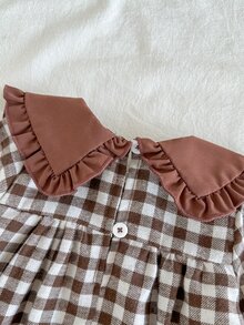 Vintaside Kids 2件組幼童女嬰上衣與牛仔褲套裝，棕色與藍色格紋編織長袖彼得潘領，荷葉邊蝴蝶結流蘇下擺，適合戶外、學校、秋季 - 棕色 - 查看 5