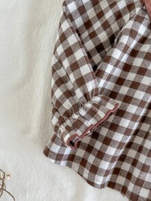 Vintaside Kids 2件組幼童女嬰上衣與牛仔褲套裝，棕色與藍色格紋編織長袖彼得潘領，荷葉邊蝴蝶結流蘇下擺，適合戶外、學校、秋季 - 棕色 - 查看 4