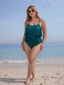 SHEIN Swim Curve 2 件套大码女式绿色细肩带双荷叶边下摆上衣搭配高腰褶边下摆裤子度假海滩装，夏季 - 水鴨藍 - 查看 5