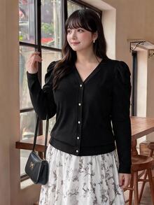 Bijouette Plus Size Korean Street Style Button T-Shirt For Vacation And Travel - Black - View 5
