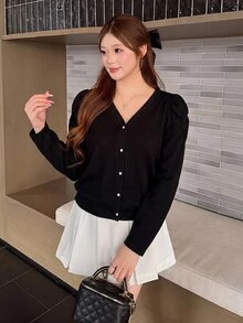 Bijouette Plus Size Korean Street Style Button T-Shirt For Vacation And Travel - Black - View 10