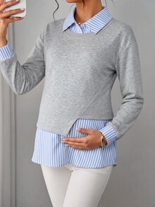 SHEIN ملابس علوية حمل رياضية، ملابس علوية حمل 2 في 1 بتصميم مرقع، ملابس علوية حمل فضفاضة مريحة، ملابس علوية كاجوال متعددة الاستخدامات بأكمام طويلة بتأثير تنحيف - رمادي فاتح - مشاهدة 2