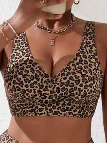 Slaydiva Plus Size Women Leopard Print Sexy Elegant Matching Minimalist Swimwear Top, Suitable For Beach Vacation Party, Resort, Swimming Pool Beige Summer - Multicolor - View 1