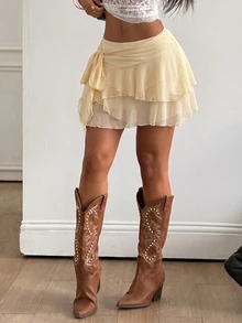 Coolane Women's Plus Size Summer Fall Streetwear Elegant Vacation Boho Beach Vacation Party Vintage Ruffle Stretchy Beige Mini Skirts Christmas - Apricot - View 4