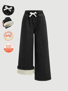 SHEIN Tween Girl Loose Fit Basic Blue Denim Thermal Lined Pants, Autumn/Winter - Black - View 2