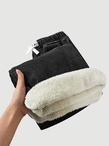 SHEIN Tween Girl Loose Fit Basic Blue Denim Thermal Lined Pants, Autumn/Winter - Black - View 4
