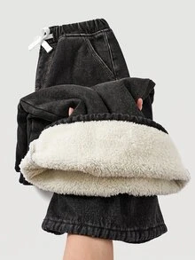 SHEIN Tween Girl Loose Fit Basic Blue Denim Thermal Lined Pants, Autumn/Winter - Black - View 7