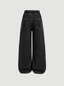 SHEIN Tween Girl Loose Fit Basic Blue Denim Thermal Lined Pants, Autumn/Winter - Black - View 5