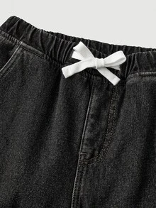 SHEIN Tween Girl Loose Fit Basic Blue Denim Thermal Lined Pants, Autumn/Winter - Black - View 9