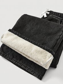 SHEIN Tween Girl Loose Fit Basic Blue Denim Thermal Lined Pants, Autumn/Winter - Black - View 8
