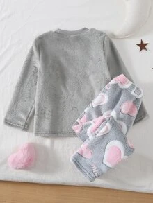 SHEIN طقم بيجامة بنات بأكمام طويلة من الفرو الناعم مع تطريز الكوالا وطبعة القلب، ملابس منزلية شتوية من الصوف - أزرق فاتح اللون - مشاهدة 2