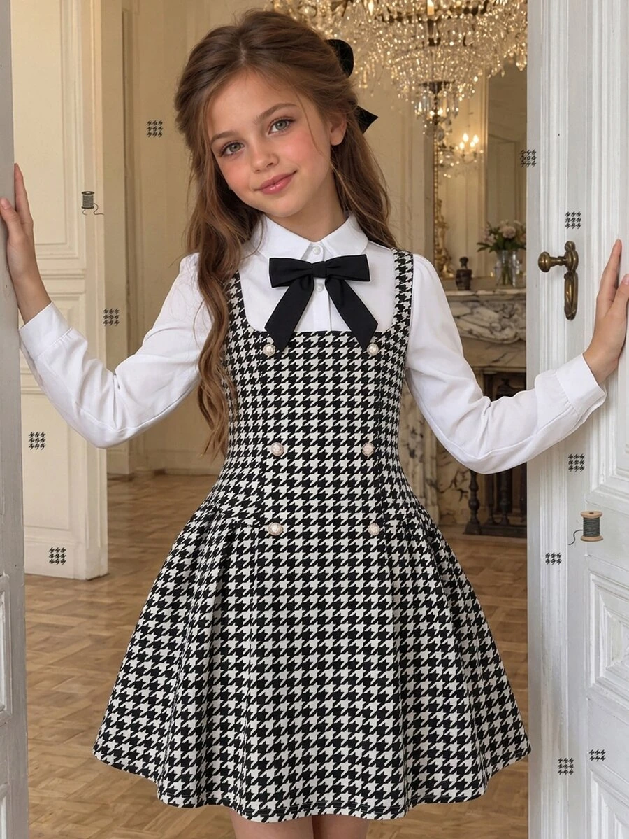 SHEIN Tween Girls Preppy Houndstooth Pinafore Dress And Bow Shirt Set, Elegant School 2 Pieces Outfits Fall Winter - Black - View 1
