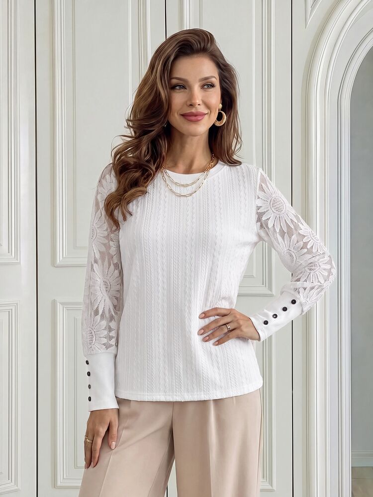 Medorina Vintage Elegant Daisy Flower, Mesh Patchwork Blouse, Ribbed Knit White Floral, Long Puff Sleeve, Church Wedding Office Guest, Festival Fall Winter - White - View 6
