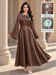 Graceveil Elegant Brown Textured Satin Long Sleeve Round Neck Tie-Front Arabian Dress, Embellished With Rhinestones At Neckline, Women's Luxury Robe - Brown - View 1