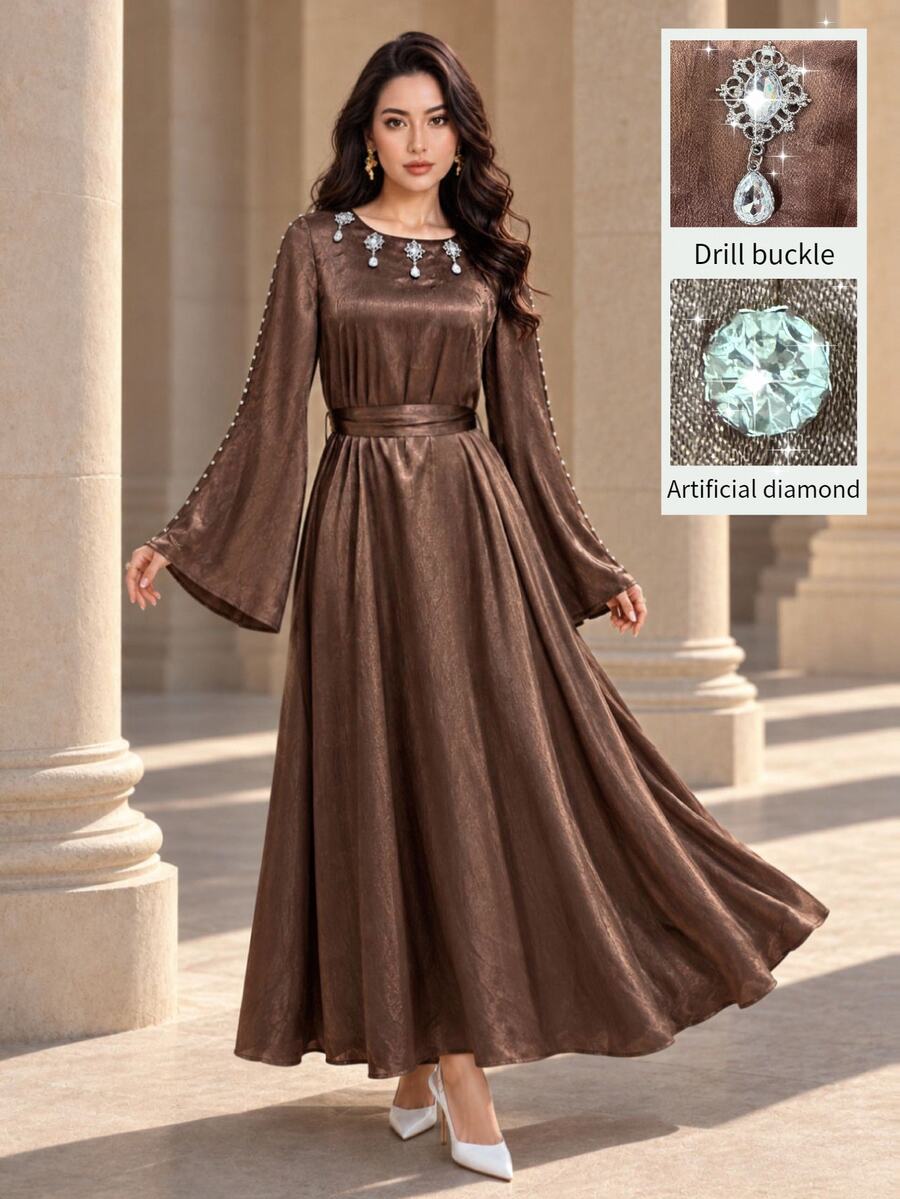 Graceveil Elegant Brown Textured Satin Long Sleeve Round Neck Tie-Front Arabian Dress, Embellished With Rhinestones At Neckline, Women's Luxury Robe - Brown - View 1