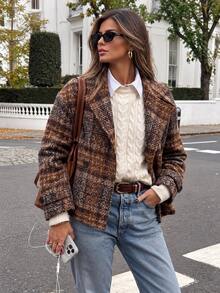 Struktiv Women's Large Lapel Decorative Button Long Sleeve Wool Office Brown Fall French Elegant - Multicolor - View 1
