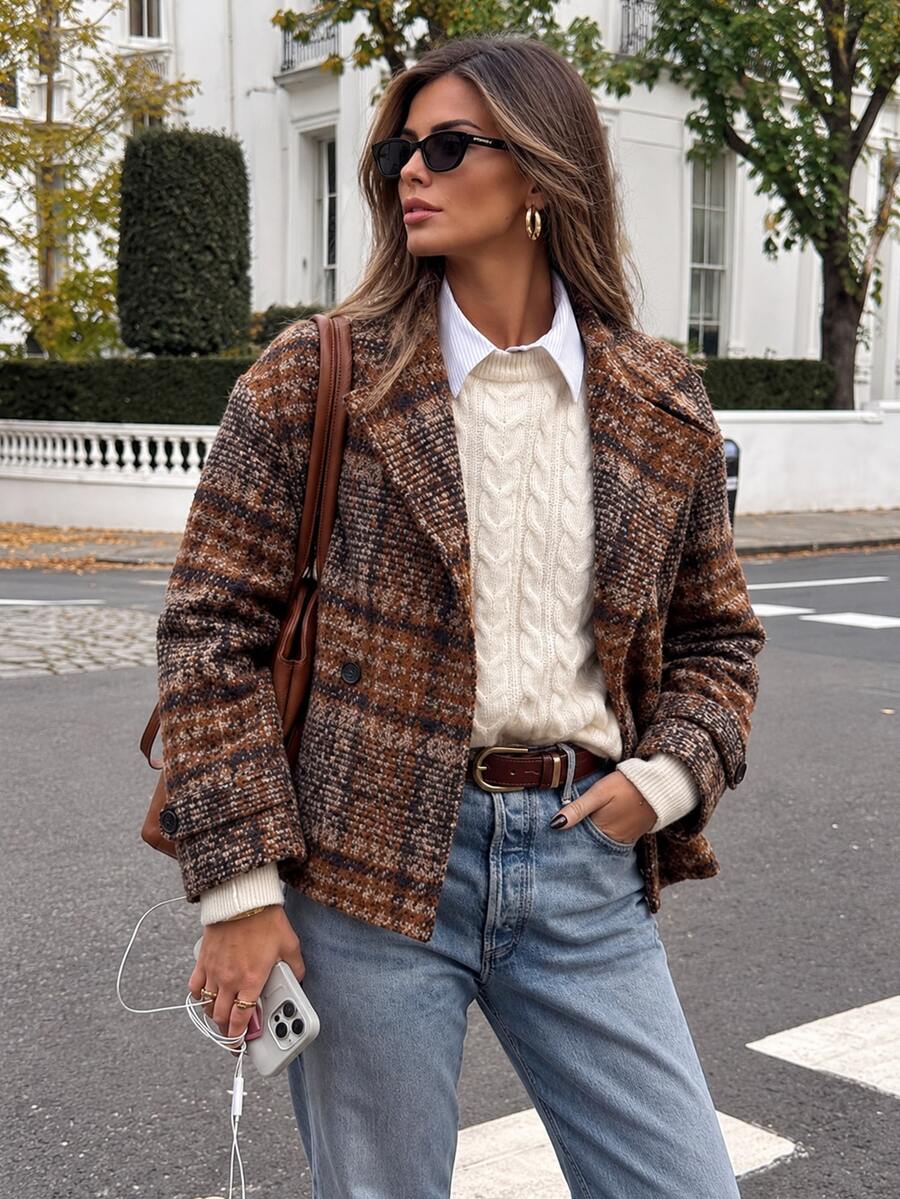 Struktiv Women's Large Lapel Decorative Button Long Sleeve Wool Office Brown Fall French Elegant - Multicolor - View 1