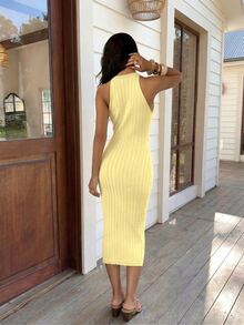 Flora Isola Flora Isola Women's Elegant Fitted Waist Hollow Twist Rope Design Sleeveless Knit Dress, Spring/Summer - Yellow - View 2