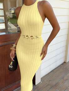 Flora Isola Flora Isola Women's Elegant Fitted Waist Hollow Twist Rope Design Sleeveless Knit Dress, Spring/Summer - Yellow - View 8
