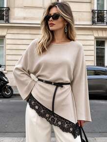 Selianne Elegant Bell Sleeve Lace Trim Back Tie Design Women's Sweater - Apricot - View 1