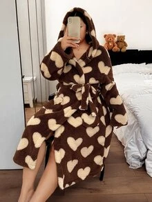 Napfluff CURVE Napfluff CURVE Bata de felpa con capucha de manga larga y estampado de corazones, talla grande, adecuada para uso en el hogar y al aire libre - Marrón - Ver 7