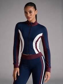 Dewbera Dewbera 1pc Women's Colorblock Patchwork Small Stand Collar Double Zipper Sports Jacket, Side 3D Waistline Design, Slimming Waistline, Suitable For Daily Wear, Gym, Outdoor Jogging - Blue - View 7