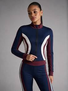 Dewbera Dewbera 1pc Women's Colorblock Patchwork Small Stand Collar Double Zipper Sports Jacket, Side 3D Waistline Design, Slimming Waistline, Suitable For Daily Wear, Gym, Outdoor Jogging - Blue - View 8