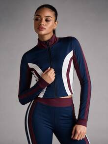 Dewbera Dewbera 1pc Women's Colorblock Patchwork Small Stand Collar Double Zipper Sports Jacket, Side 3D Waistline Design, Slimming Waistline, Suitable For Daily Wear, Gym, Outdoor Jogging - Blue - View 10