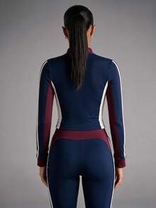 Dewbera Dewbera 1pc Women's Colorblock Patchwork Small Stand Collar Double Zipper Sports Jacket, Side 3D Waistline Design, Slimming Waistline, Suitable For Daily Wear, Gym, Outdoor Jogging - Blue - View 2