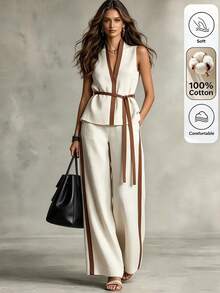 Omancia Women's Fashionable Contrast Color Casual 2 Pieces Set, Summer - Apricot - View 1