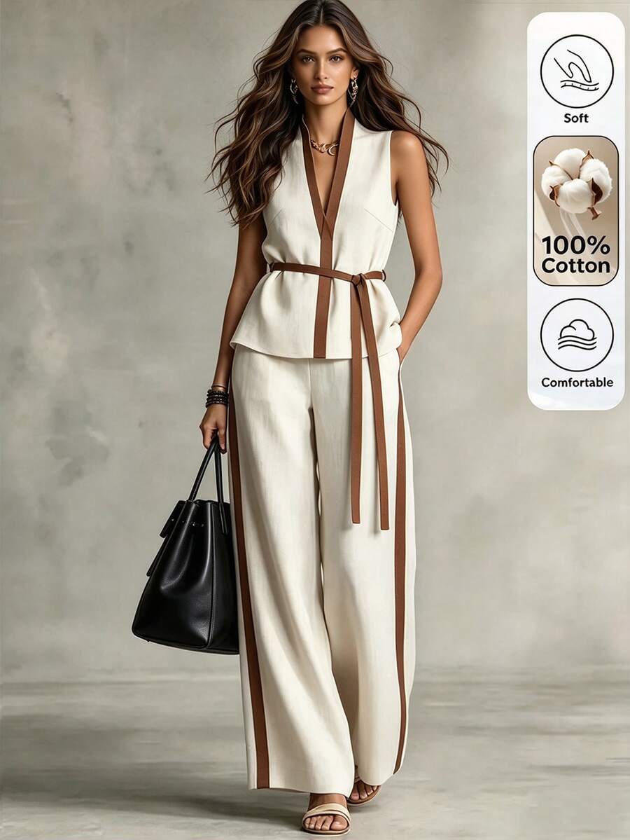 Omancia Women's Fashionable Contrast Color Casual 2 Pieces Set, Summer - Apricot - View 1