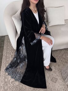 Yasmyna Women's Autumn/Winter Velvet & Contrast Lace Long Cardigan With Bell Sleeves, Vintage Elegant Outerwear Robe - Black - View 4