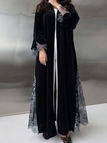 Yasmyna Women's Autumn/Winter Velvet & Contrast Lace Long Cardigan With Bell Sleeves, Vintage Elegant Outerwear Robe - Black - View 5