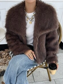 DAZY Women's Solid Color Casual Versatile Winter Faux Fur Coat - Brown - View 1