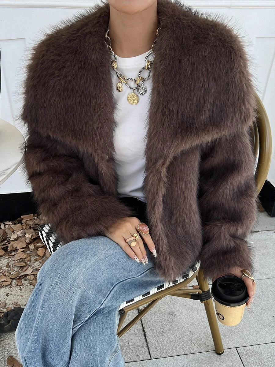 DAZY Women's Solid Color Casual Versatile Winter Faux Fur Coat - Brown - View 1