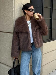 DAZY Women's Solid Color Casual Versatile Winter Faux Fur Coat - Brown - View 8