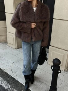 DAZY Women's Solid Color Casual Versatile Winter Faux Fur Coat - Brown - View 4