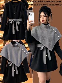 GlowEve CURVE Women's Elegant Casual Commute, Round Neck Mid-Length Fitted Long Sleeve Overcoat Winter - Black and White - View 1