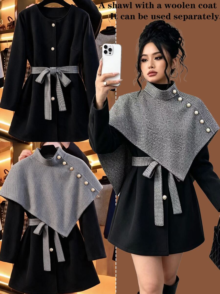 GlowEve CURVE Women's Elegant Casual Commute, Round Neck Mid-Length Fitted Long Sleeve Overcoat Winter - Black and White - View 1