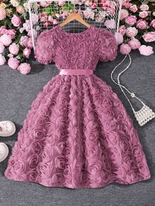 SHEIN Tween Girls Solid Color Girls Elegant Cute Puff Sleeve Floral Waisted Summer Mini Dress Wedding Guest Pink, Graduation, Vacation, Outfit - Burgundy - View 3