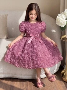 SHEIN Tween Girls Solid Color Girls Elegant Cute Puff Sleeve Floral Waisted Summer Mini Dress Wedding Guest Pink, Graduation, Vacation, Outfit - Burgundy - View 2