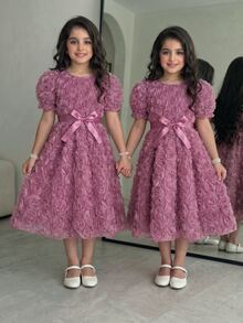 SHEIN Tween Girls Solid Color Girls Elegant Cute Puff Sleeve Floral Waisted Summer Mini Dress Wedding Guest Pink, Graduation, Vacation, Outfit - Burgundy - View 6