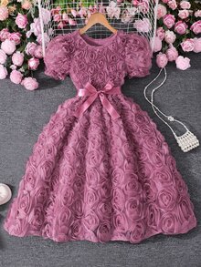 SHEIN Tween Girls Solid Color Girls Elegant Cute Puff Sleeve Floral Waisted Summer Mini Dress Wedding Guest Pink, Graduation, Vacation, Outfit - Burgundy - View 4